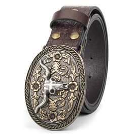 HilyBony Western Belt for Women Men Cowboy Cowgirl Belt Embossed Western PU Leather Belt with Skull Buckle for Jeans, coffee with skull bull