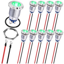 MKBKLLJY Green Indicator Light 12 mm 1/2 Inch Waterproof IP67 Metal Signal Lamp 12 V 24 V AC/DC LED Pilot Dash Lamp Screw Clamp Concave Head with 24AWG 120 mm Terminal Wires for Car Boat Pack of 10