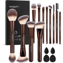 MAGEFY Brochas para Maquillaje Profesional, 17 PCS Brochas de Maquillaje de Doble Punta Kit de Aluminio con 4 Esponjas y Caja de Regalo (Marrón)