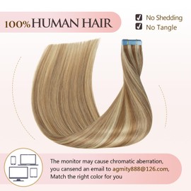 AGMITY Human Hair Tape in Extensions Chestnut Brown Highlighted Bleach Blonde 18 inches 20pcs 50g/pack Straight Seamless Weft Skin Invisible Thick Tape in Extensions(18 inches #P6-613)