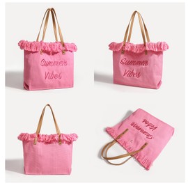 Canvas Beach Bag Fringe Summer Shopper Travel Tote Large Weekend Handbag Holiday Cruise Essentials (pink)