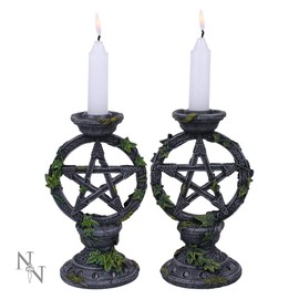 Nemesis Now B2539G6 Wiccan Pentagramm Kerzenständer Set mit 2 Kerzenhaltern 15 cm schwarz Harz