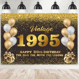 Vintage 1995 Birthday Banner Backdrop, Black and Gold Sign Banner, Cheer to 30 Years Happy Birthday Banner, 30th Birthday Party Supplies for Men Women Birthday Party Photography Decor Glitter Favors