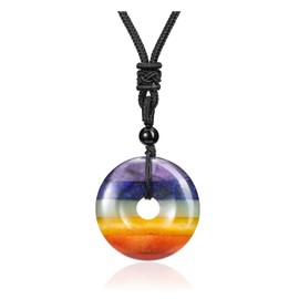 JOVIVI 7 Chakra Healing Stone Crystal Donut Necklace Natural Chakra Swirl Round Gemstone Reiki Amulet Peace Lucky Charm Pendant Black Cord Neklace Adjustable Women Men Jewellery