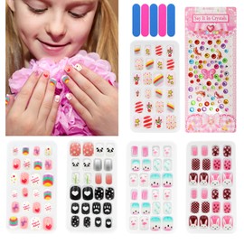 Scettar 120 Pcs Kids False Nails, Kids Fake Nails Press on Nails for Girls Pre-glued Fake Nail Stickers for Girls Kids Gift DIY Nail Art Decor 5 Boxes with Diamond Face Sticker Decoration