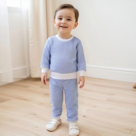 Baby Boy Fall Clothes Set Long Sleeve Crewneck Sweatshirts Pants Infant Newborn Waffle Stripe Outfits 6 12 18 24 Months (Stripe Blue, 3-6 Months)