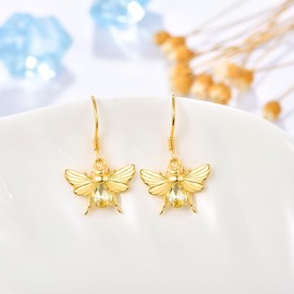 KINGWHYTE Bee Earrings for Women 925 Sterling Silver Crystal Bee Drop Earrings Citrine Animal Earrings Bee Jewellery Gifts for Women Girls Ladies Girlfriend