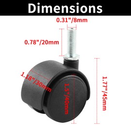 HOWDIA 1.5 Inch Swivel Caster Wheels for Cart, M8-1.25×20mm Threaded Stem Heavy Duty Casters, Nylon Wheels Replacement for Furniture, Table, Cabinet, Shelf（No Brake, 4 Pack）