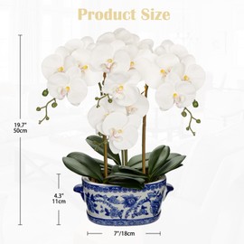Briful Orchid Artificial Flowers in Blue and White Porcelain Pot 19.7" White Faux Silk Orchid Arrangement Large Fake Orchid Floral Centerpiece for Elegant Home Office Living Room Kitchen Table Decor