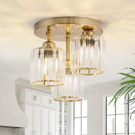 ONEPIZKU Crystal Semi Flush Mount Ceiling Light,3-Light Modern Ceiling Light Fixtures Glod Hallway Lighting with Clear Crystal Shade for Kitchen Entryway Bedroom Laundry Room