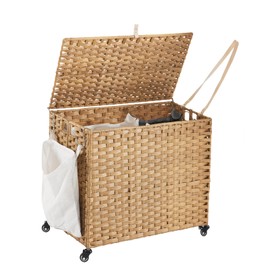 Laundry Hamper with Wheels, 34.3 Gallon(130L) Rolling Laundry Basket with Lid, Removable Large 2 Color Liners & 3 Mesh Laundry Bags, Clothes Hamper with Side Pocket, Natural