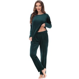 Women Velour Lounge Set 2 Piece Velvet Pajama Set Sweatsuit Crew Neck Sweatshirt and Elastic Waist Sweatpant