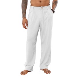 YAOHUOLE Linen Pants for Men Elastic Waist Pants Men Linen Drawstring Pants White 3XL