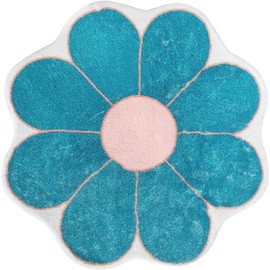 TEMBR Teal Flower Shaped Round Rug,Soft and Comfy Floor Mats for Bedroom Living Room, Fluffy Circular Washable Nursery Rug for Kids Room Nonslip Indoor Carpet for Entryway-39.4"