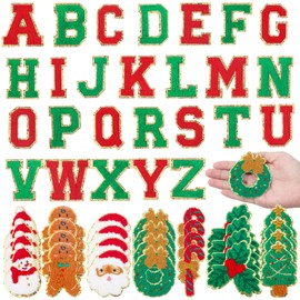 Geosar 54 Pieces Christmas Iron on Patches Red and Green Self Adhesive Chenille Letter Patches Christmas Tree Snowman Santa Gingerbread Man Candy Cane Sew Applique for Christmas DIY