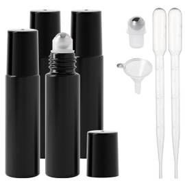 Essential Oil Roller Bottles, 10ml Thick Glass Perfume Roller Bottles with Funnel Opener and Dropper Colored Glass Empty Bottles with Stainless Steel Roller Balls (Black, 4 Pack)