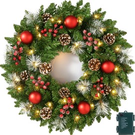 UMEEUTOO 24 Inch Pre-Lit Artificial Christmas Wreath for Front Door, Christmas Door Decorations Wreath with LED Warm Lights, Balls, Pine Needles, and Red Berries Wall Windows Ornament