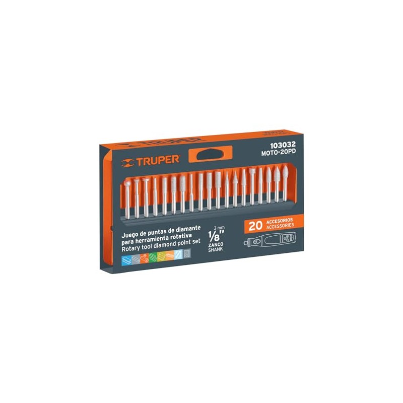 Truper MOTO-20PD, Juego de 20 puntas diamantadas para mototool