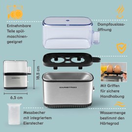 GOURMETmaxx Design Egg Cooker for 2 Eggs, Compact Egg Boiler, Egg Cooker with Egg Cutter, Measuring Cup and Beep, 3 Hardness Levels, Easy to Clean and Dishwasher Safe Parts