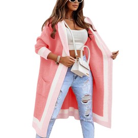 chouyatou Women's Color Block Vertical Striped Open Front Oversized Hooded Long Cardigan Sweaters with Pockets (Small, Pink)