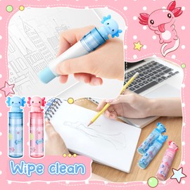 Gersoniel 16 Pcs Axolotl Retractable Erasers Axolotl Birthday Party Favor Gifts School Classroom Supplies Sliding Retractable Pink Blue Cute Animals Pencil Erasers for Amphibian Lovers Office Home