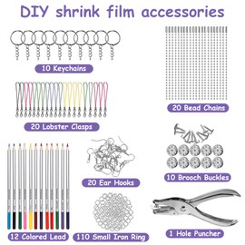 218 Piece Shrink Film Set, DIY Originality Shrink Film Set with A4 Shrink Paper A5 Motifs Shrink Films Coloured Pencils Hole Punch Keychain Accessories Bead Cord for Kid Adult Craft Decorations