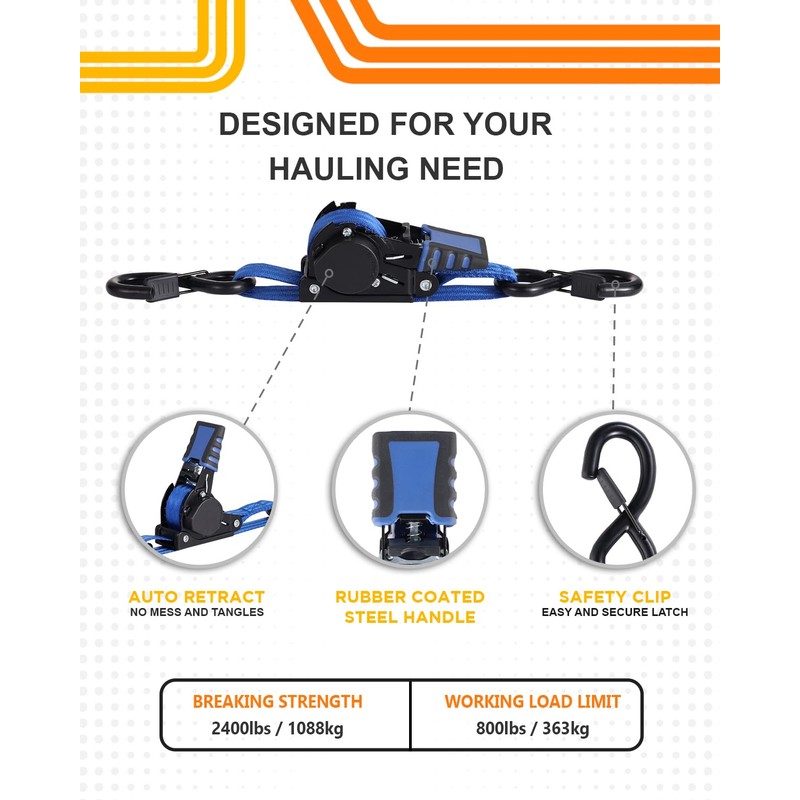Strapinno Retractable Ratchet Straps - 1 in x 4 ft