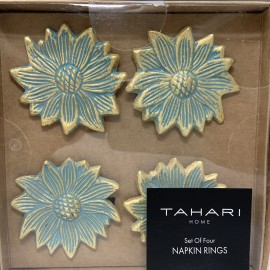 Tahari Home Set of 4 Tahari Home Metal Napkin Rings Blue Gold Daisies