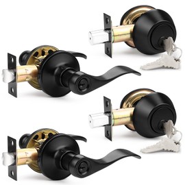 Probrico Entrance Lever Door Handle, Reversible for Right and Left Side, Double Cylinder deadbolt Set, Flat Black Finish Keyed Alike Combo 2 Pack