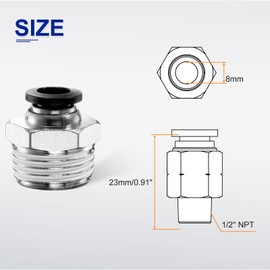 QUARKZMAN Push to Connect Fitting 8 mm Tube OD x 1/2 Inch NPT Thread Male Straight Quick Connector Copper Air Line Hose Fittings for Industry Air System PC8-N04, Black
