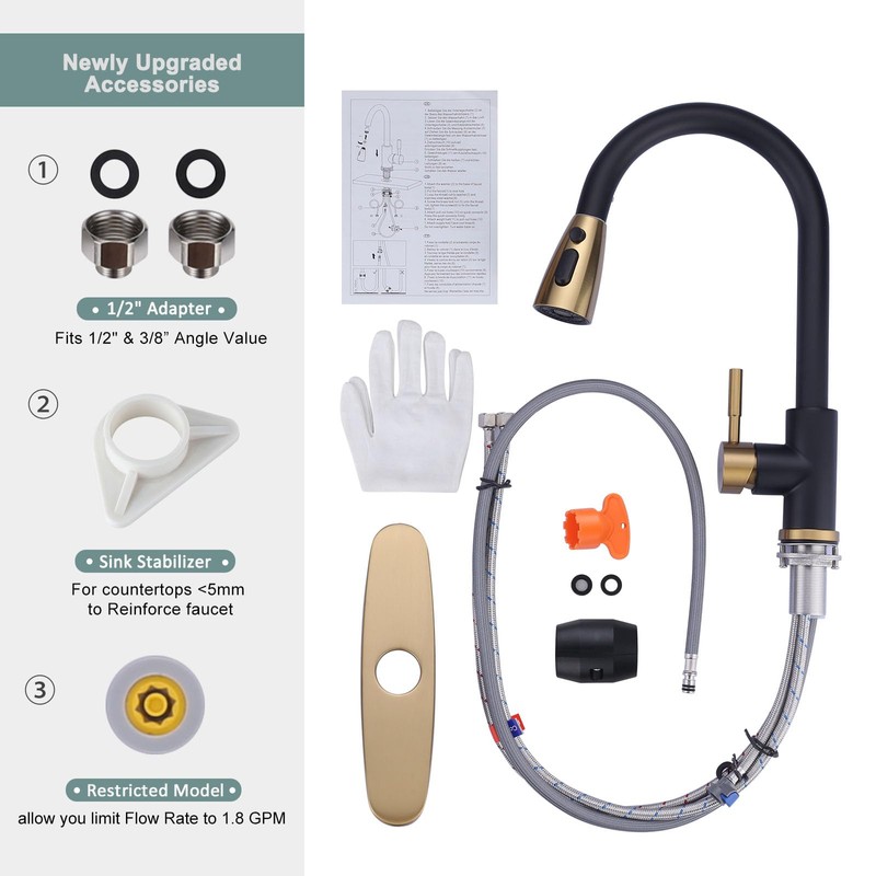 Black and Gold Kitchen Faucet with Sprayer, WOWOW Kitchen Sink