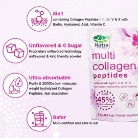 Multi Collagen Peptides Powder, 1LB | (Type I, II, III, V, X) with HyaluronicAcid, Biotin & Vitamin C,Supports Hair, Skin & Joint Health,Unflavored