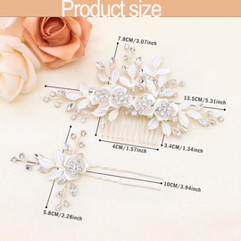 Lyfengdeam Bridal Headpieces Hair Combs3 pieces，Handmade Hair Comb Set Flower Pearl Hair Barrettes，Sparkly floral hair accessories (Silver)
