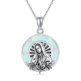 SLIACETE 925 Sterling Silber Jungfrau Maria Halskette mit Opal für Frauen Wundertätige Medaille Anhänger Halskette Katholischer Religiöser Schmuck Geschenke