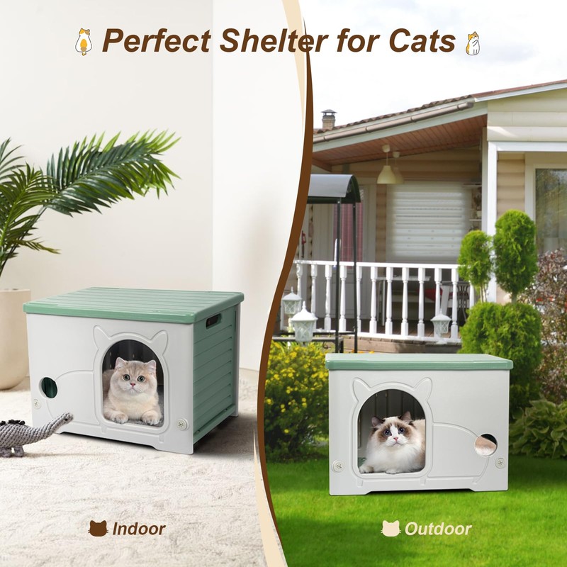 Plastic Cat House for Indoor Outdoor, Weatherproof Outside Cat House