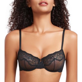 DotVol Women's Large Sizes Transparent Underwired Unlined Balconette Bra Lace Bra, black