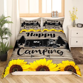 Camper Bed Linen Set 135 x 200 cm Camping Sunflowers Duvet Cover Rustic Farmhouse Style Duvet Cover for Kids Boys Girls Teens Adults Retro Wooden Old Barn Door Bedding Set