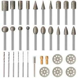 Stone Carving Set Diamond Burr Bits Compatible with Dremel, Cutting Wheel 1/8” Shank Power Rotary Tool Accessories Kit, Includes Diamond Burr Bits, Cutting Discs and Drill Bits- 34PCS