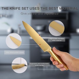 Gold Knife Set，8Pcs Gold Titanium-Coated Stainless Steel Kitchen Knife Set with Black Acrylic Knife Holder,Super Sharp Chef Knife Set with Ergonomical Handle