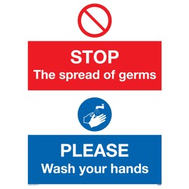 Stop Germs Please wash your hands Plastic Sign 3mm Rigid