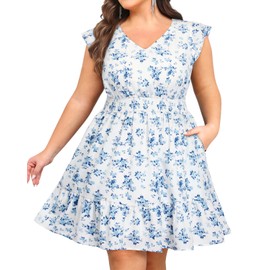 Talisea Womens Plus Size Summer Dress Blue White Floral Casual Boho V Neck Ruffle Sleeve Flow Short Sundress Pocket Beach