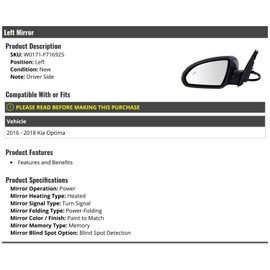 Marketplace Auto Parts Left Driver Side Power Mirror - Paint to Match - Power Folding - with Heated Glass, Turn Signal, Memory, and Blind Spot Detection - Compatible with 2016-2018 Kia Optima