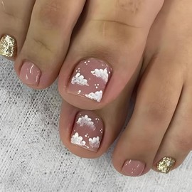24Pcs Summer Press on Toenails Short Square, ZIFANHU Pink Fake Toe Nails Press ons Gold Glitter Nail Tips Full Cover Acrylic False Toenails with Cute Cloud Design Glue Stick on Nails for Women