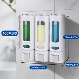 MEKOTRIN Soap Dispenser, 3 Chamber Shampoo and Conditioner Dispenser, Refillable Shower Shampoo Dispenser Wall Mount with Waterproof Labels for Bathroom Kitchen (White, 3x400ml)