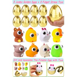 8 Pack Jumbo Golden Easter Eggs Fillers Eye-pop Fidget Toys, Easter Basket Stuffers Animals Easter Eggs with Toys Inside, Large Surprise Gold Egg for Kids Boys Girls Toddlers Easter Hunts Party Favors