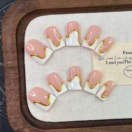 Handmade Press on Nails Short Square - White French Tip Fake Nails with Gilding Design, Gold Muti-Layer Gel Salon Quality Acrylic Nails Press ons, Nude Pink Glossy Full Cover False Nails for Women (S)