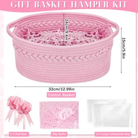 SelfTek Gift Basket Hamper Kit, Pink Rope Basket with Cellophane Bags, Raffia and Pull Bows Woven Storage Baskets Empty Gift Hamper for Baby Shower, Wedding, Birthday, 33 x 24 x 15 cm