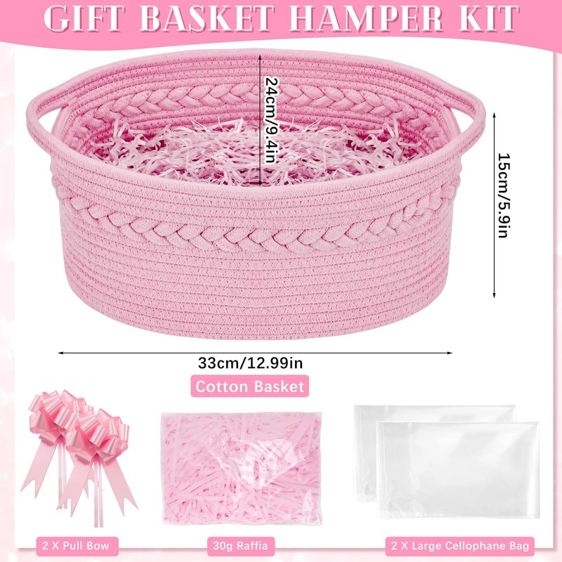 SelfTek Gift Basket Hamper Kit, Pink Rope Basket with Cellophane
