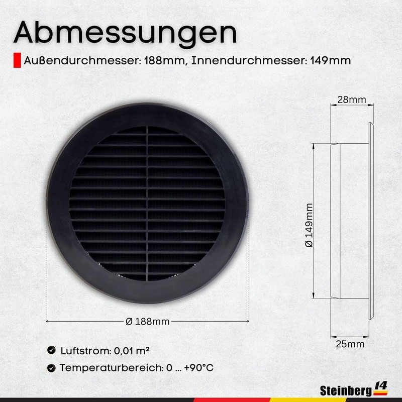 Steinberg14 Black Ventilation Grille 150 mm - Plastic Exhaust Grille