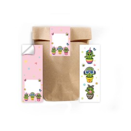 12 Bookmarks + 12 Gift Bags (Natural) + 12 Stickers Cactus Party Bags Guest Gift for Children's Birthday Girls Boys